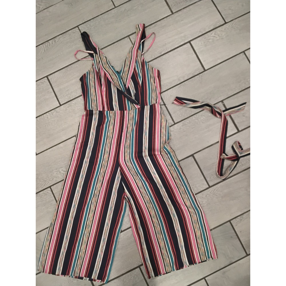 By & By Womens Multi Color Striped Sleeveless Wide Leg Jumpsuit Size 15 Belted